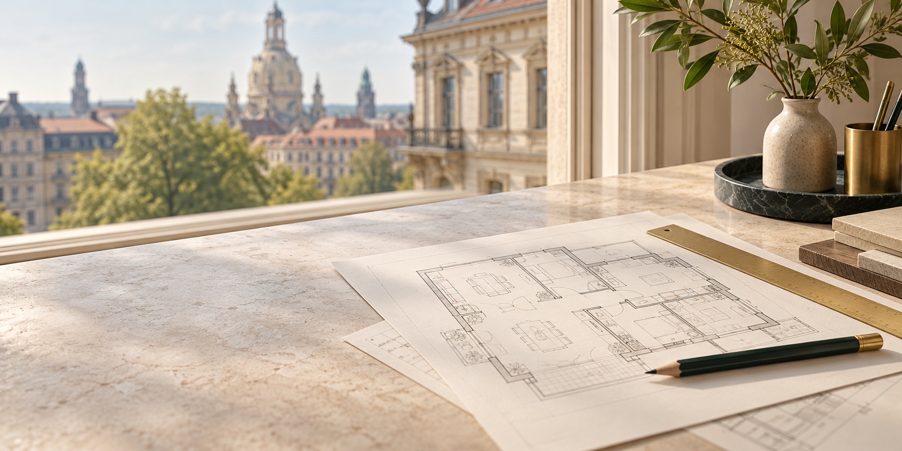 Grundriss und Unterlagen für Immobilienbewertung und Verkauf in Dresden