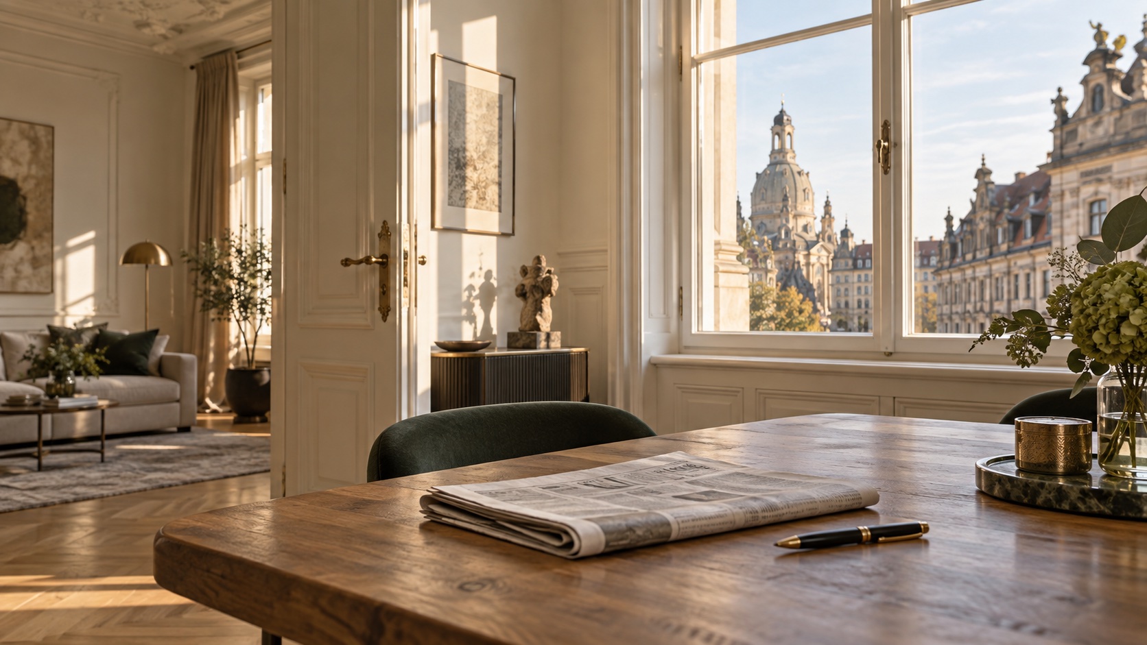 Dresdner Altbauinterieur mit Zeitung auf einem Tisch – Symbolbild für die Anzeigenpräsenz von EXIT Immobilien