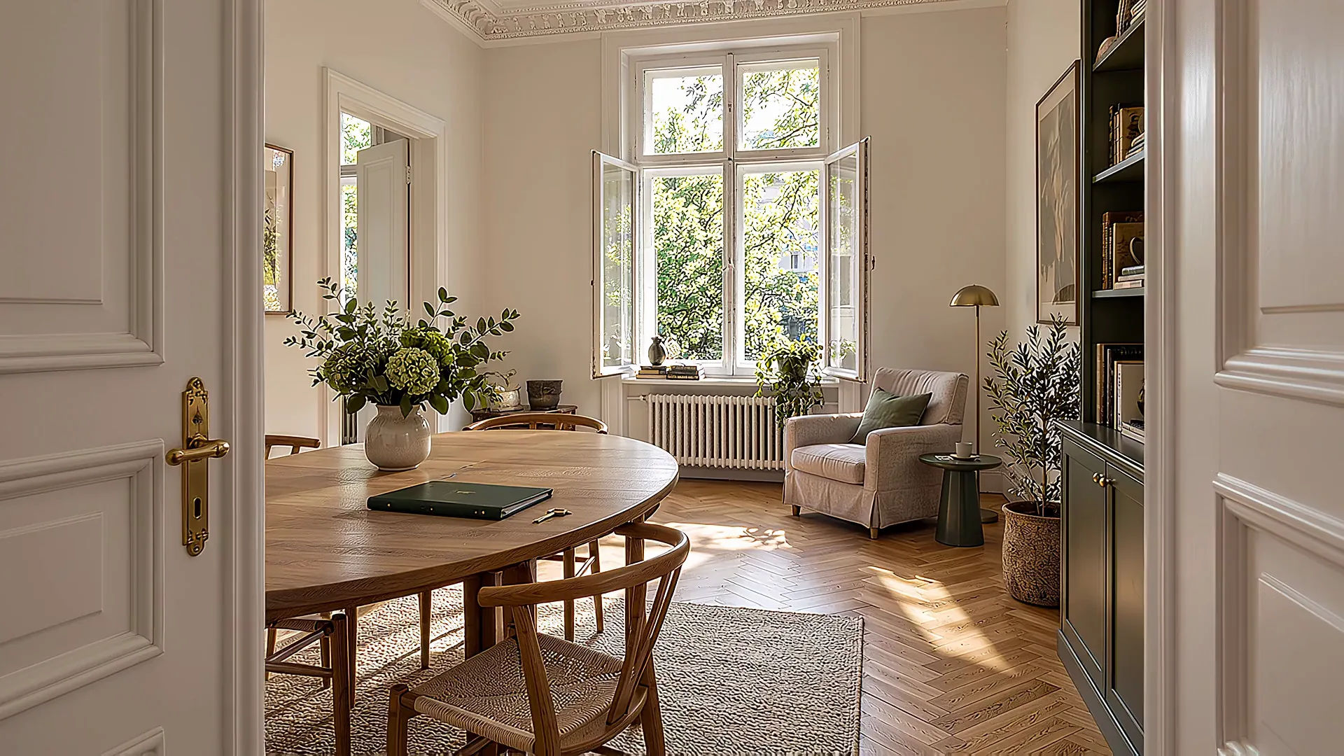 Heller Altbau-Wohnraum mit Tisch und Unterlagen