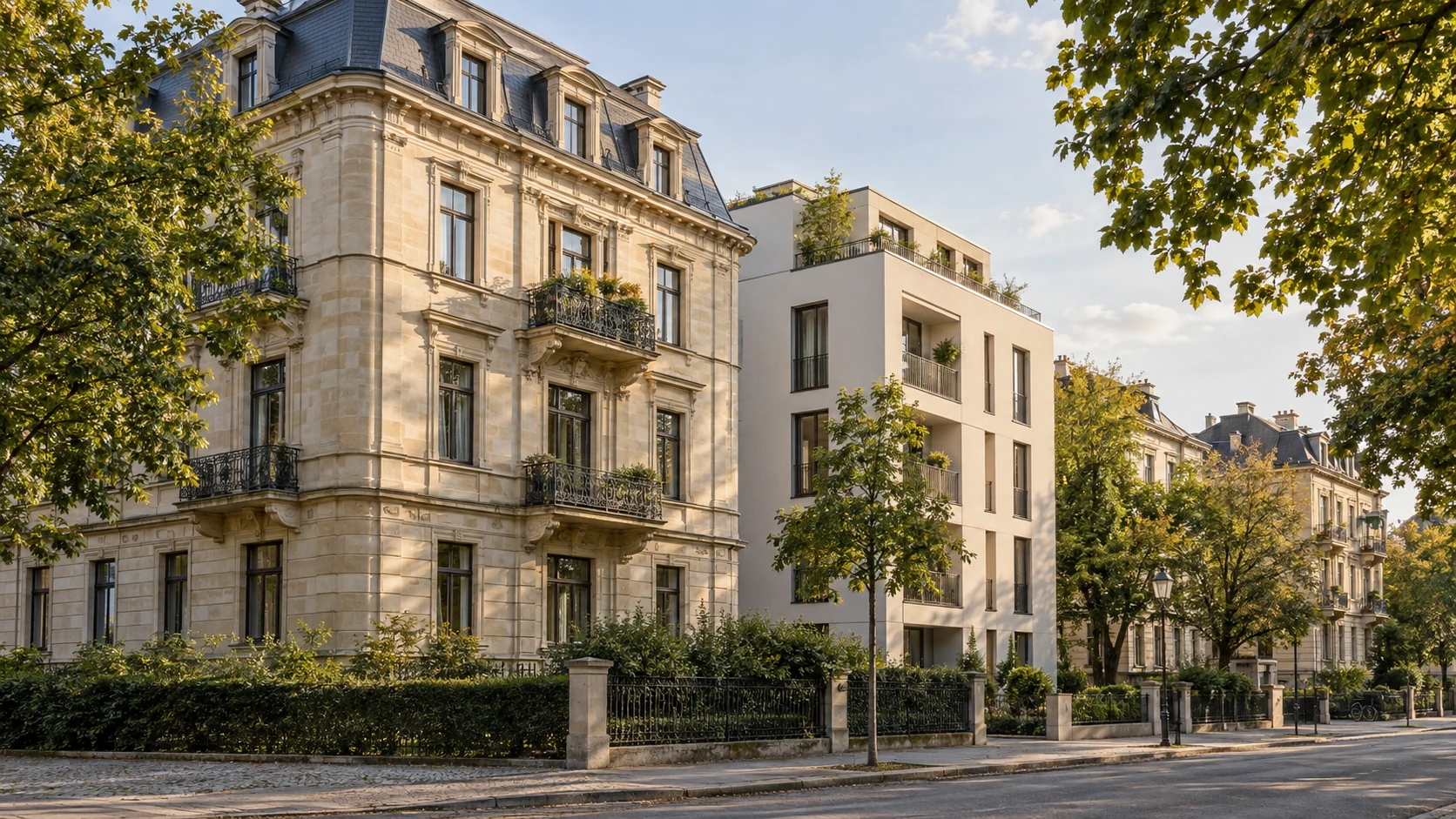 Altbau und moderner Wohnbau als illustrative Immobilienmotive