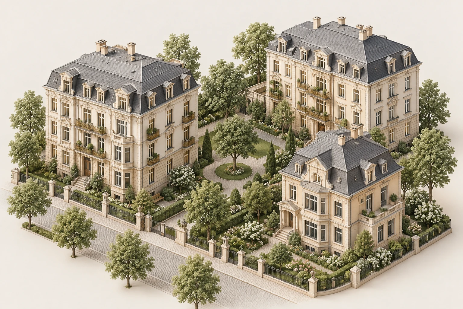 Illustration: Gründerzeithäuser, Villa und begrünter Innenhof als Wohnformen