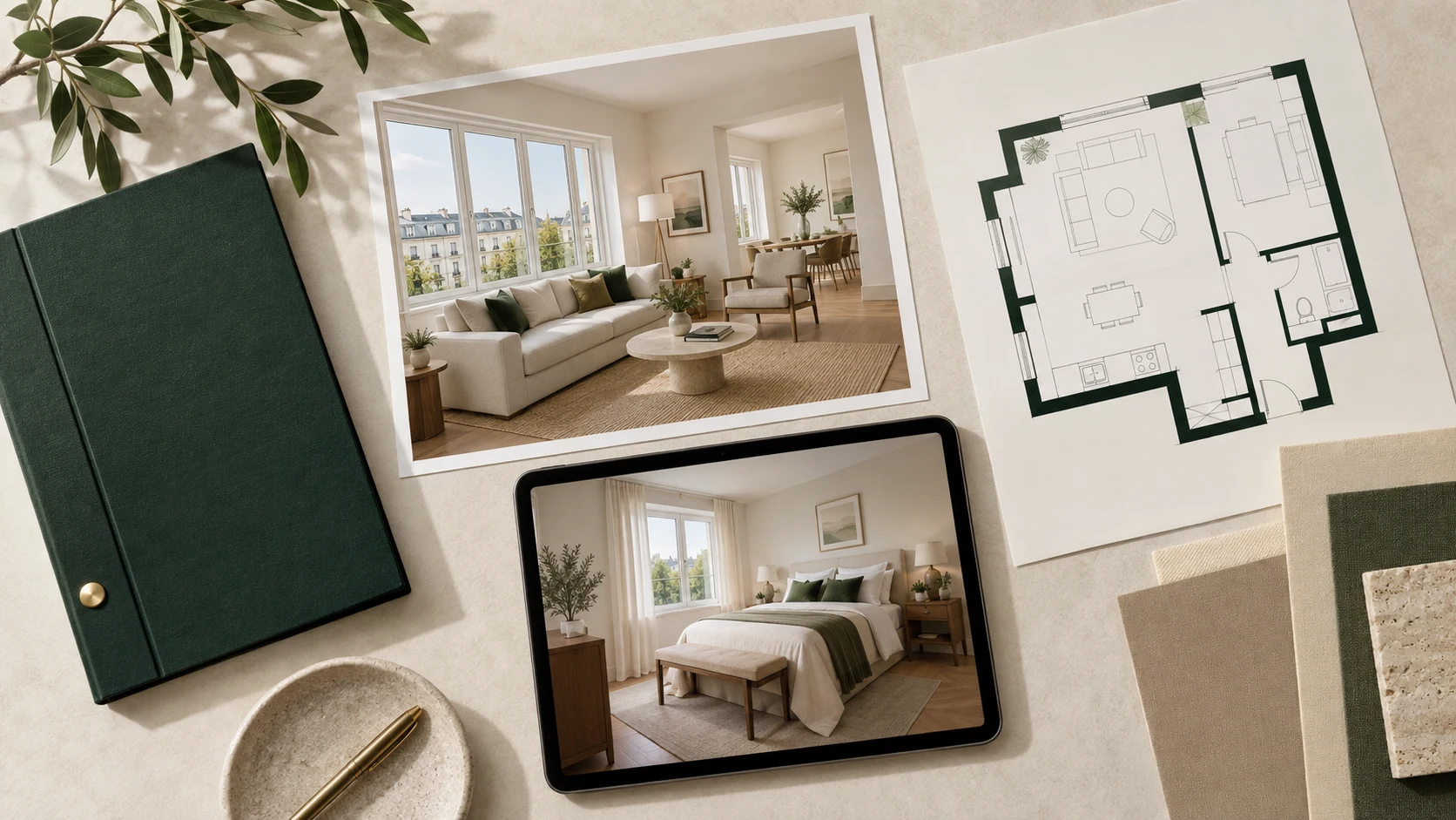 Illustrierte Verkaufsunterlagen mit Grundriss, Wohnraumfotos und Immobilienmappe