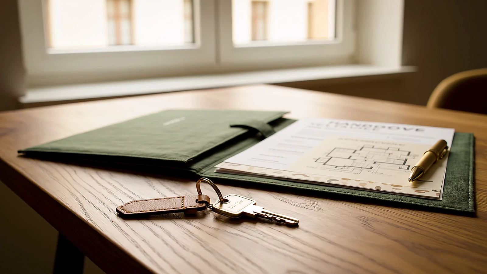 Symbolische Szene zur geordneten Vorbereitung von Immobilienunterlagen